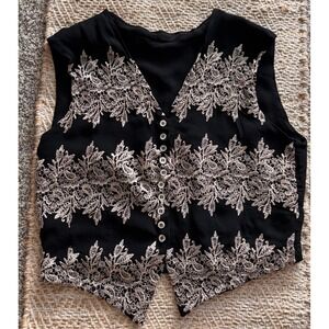Vintage Parallel Black Embroidered Vest Women Medium Cropped Tie Back Rayon Boho